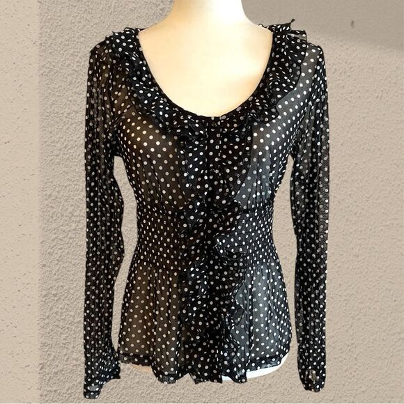 INC International Concepts Tops - Black and white polka dot mesh ruffled blouse